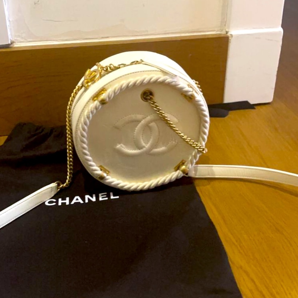 Chanel Crumpled Calfskin Cotton CC Small Round Bag White